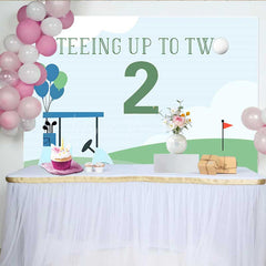 Lofaris Teeing Up to Two Golf Themed Birthday Boys 2nd Bday Party Backdrop Blue and Green Cart Scenery Banner