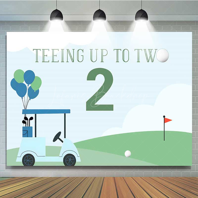 Lofaris Teeing Up to Two Golf Themed Birthday Boys 2nd Bday Party Backdrop Blue and Green Cart Scenery Banner