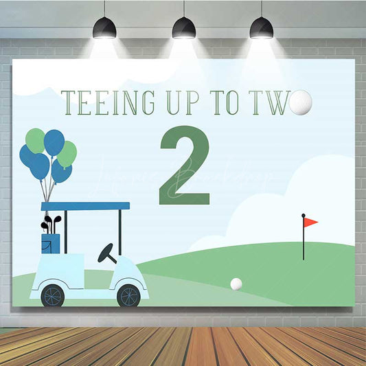 Lofaris Teeing Up to Two Golf Themed Birthday Boys 2nd Bday Party Backdrop Blue and Green Cart Scenery Banner