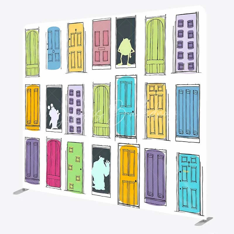 Lofaris Tension Fabric Backdrop Cartoon Colorful Doors Monster World Adventure Kids Birthday Background