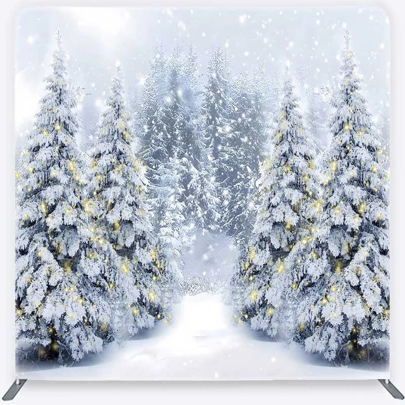 Lofaris Tension Fabric Backdrop Snowy Pine Forest Path Christmas Light Photo Prop