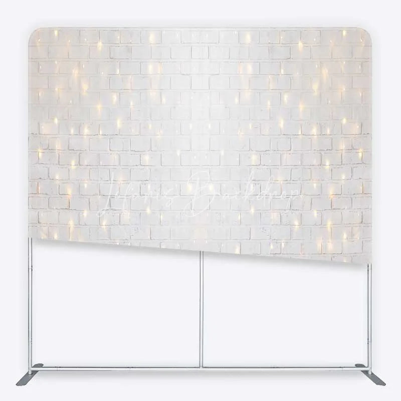 Lofaris Tension Fabric Backdrop White Brick Wall String Lights Rustic Texture Fairy Light Pillowcase Background Wedding Party Decor