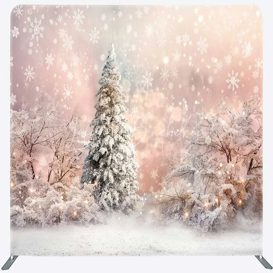 Lofaris Tension Fabric Backdrop Winter Pink Snowy Forest Christmas White Tree Snowflake Photography Background