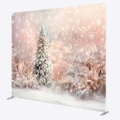 Lofaris Tension Fabric Backdrop Winter Pink Snowy Forest Christmas White Tree Snowflake Photography Background