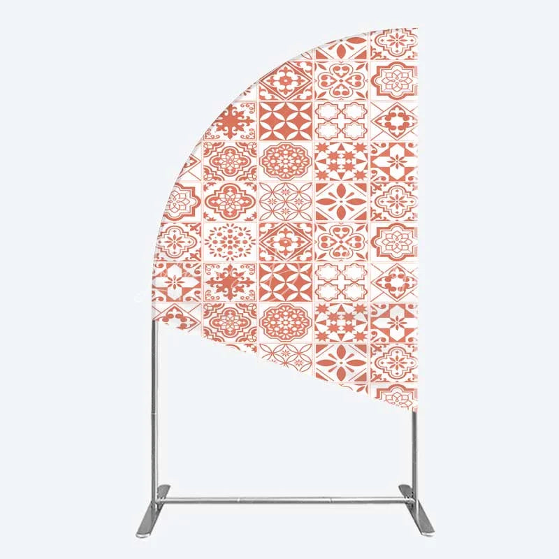 Lofaris Terracotta and White Moroccan Tile Pattern Half Moon Arch Backdrop Rustic Boho Wedding Party Decor