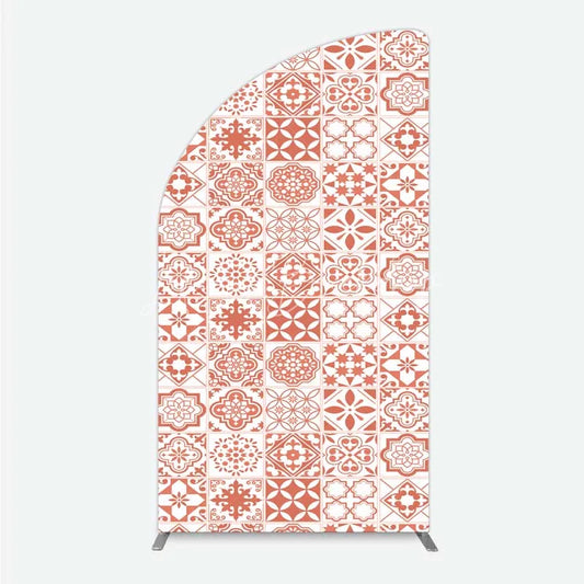 Lofaris Terracotta and White Moroccan Tile Pattern Half Moon Arch Backdrop Rustic Boho Wedding Party Decor