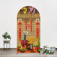 Lofaris Tet Lunar New Year Holiday Arch Backdrop Vietnamese Traditional Spring Flowers and Lion Dance Background