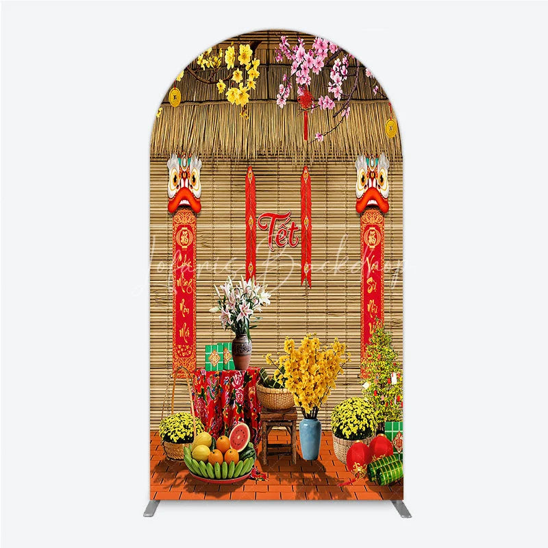 Lofaris Tet Lunar New Year Holiday Arch Backdrop Vietnamese Traditional Spring Flowers and Lion Dance Background