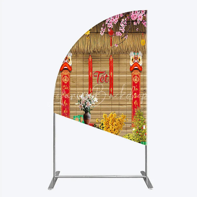 Lofaris Tet Lunar New Year Holiday Half Moon Arch Backdrop Vietnamese Traditional Spring Flowers and Lion Dance Background