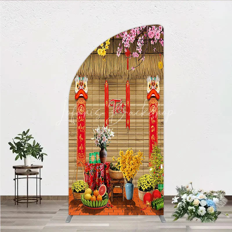 Lofaris Tet Lunar New Year Holiday Half Moon Arch Backdrop Vietnamese Traditional Spring Flowers and Lion Dance Background