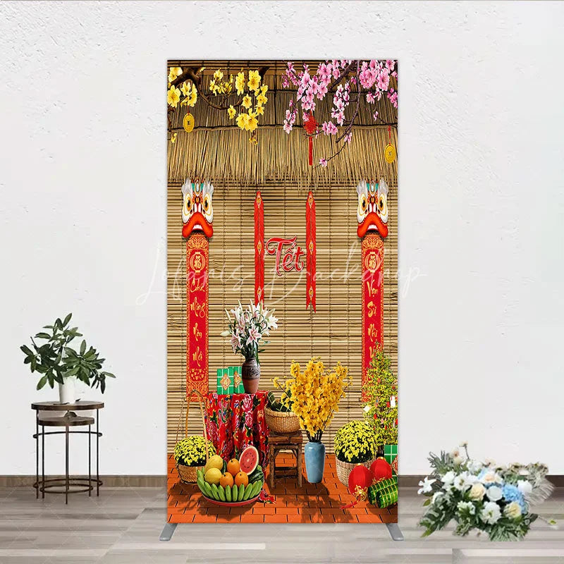 Lofaris Tet Lunar New Year Holiday Rectangle Backdrop Vietnamese Traditional Spring Flowers and Lion Dance Background