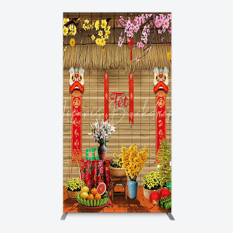 Lofaris Tet Lunar New Year Holiday Rectangle Backdrop Vietnamese Traditional Spring Flowers and Lion Dance Background
