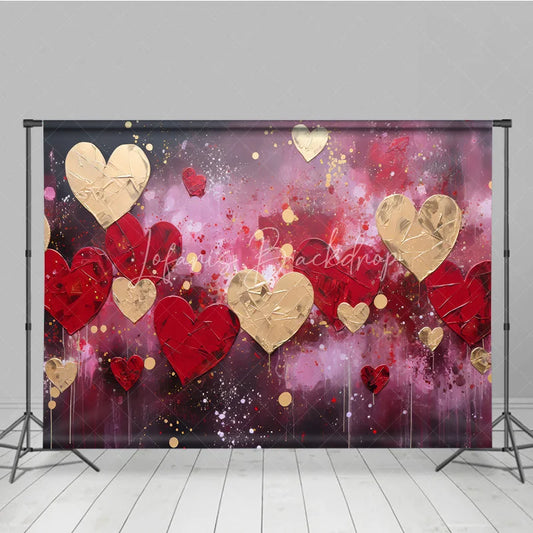 Lofaris Textured Red and Gold Hearts Abstract Paint Splatter Photography Backdrop Romantic Valentine’s Day Celebration