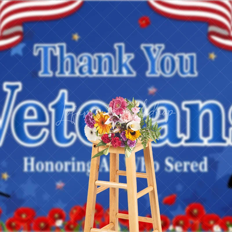 Lofaris Thank You Veterans Backdrop for Honoring All Who Served Patriotic American Flag with Poppies Day Decor
