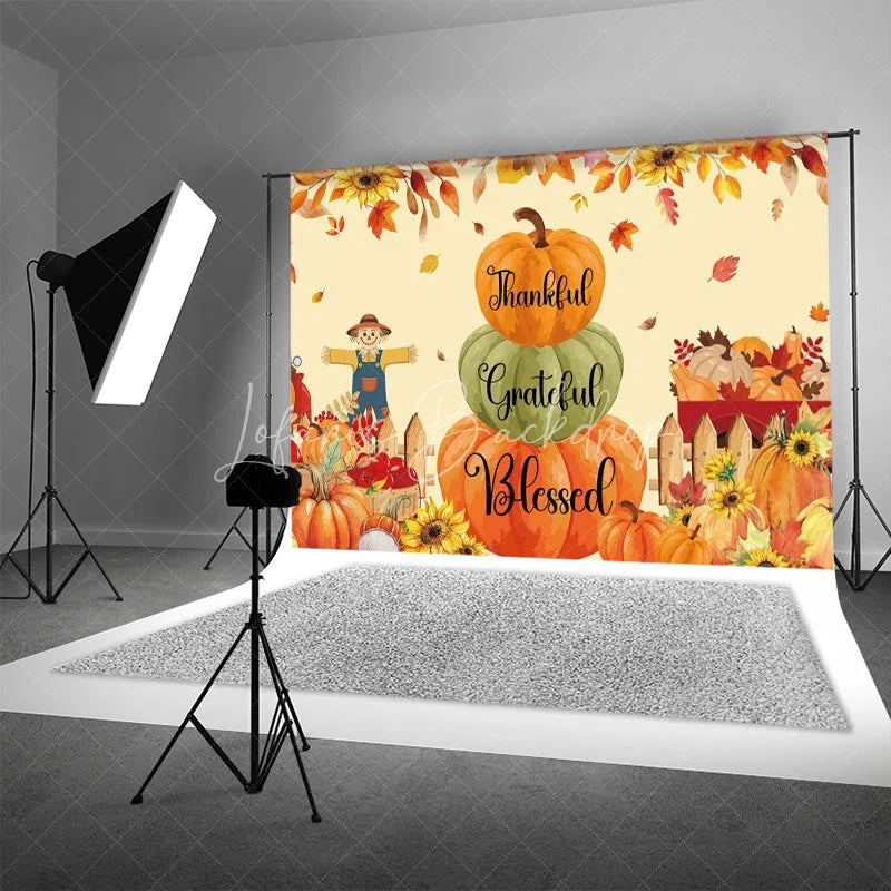 Lofaris Thankful Grateful Blessed Backdrop Fall Pumpkin Scarecrow Background for Thanksgiving Autumn Harvest Party Decoration