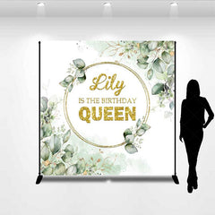 Lofaris The Birthday Queen Custom Backdrop Gold Glitter and Greenery Wreath Elegant Eucalyptus Leaves Party Decor