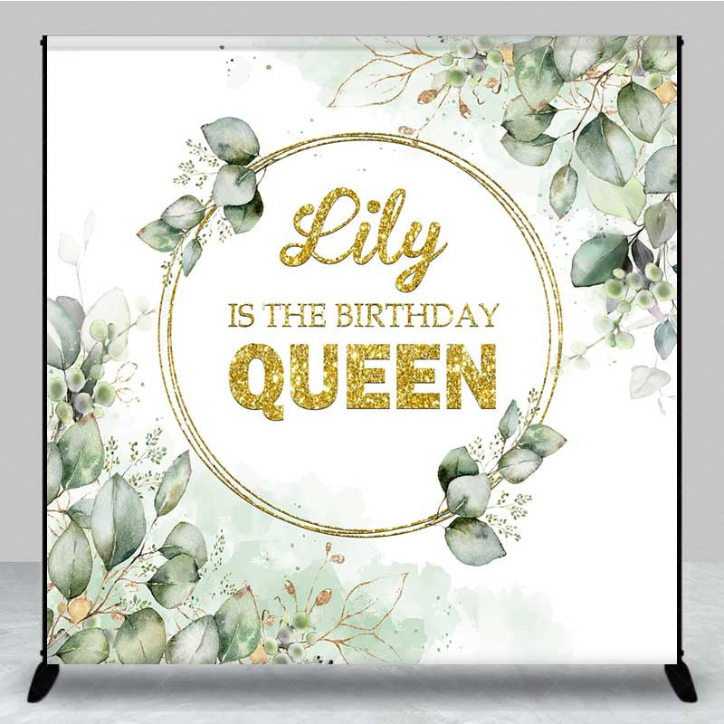 Lofaris The Birthday Queen Custom Backdrop Gold Glitter and Greenery Wreath Elegant Eucalyptus Leaves Party Decor