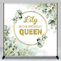 Lofaris The Birthday Queen Custom Backdrop Gold Glitter and Greenery Wreath Elegant Eucalyptus Leaves Party Decor