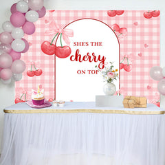 Lofaris The Cherry On Top Pink Plaid Baby Shower Backdrop