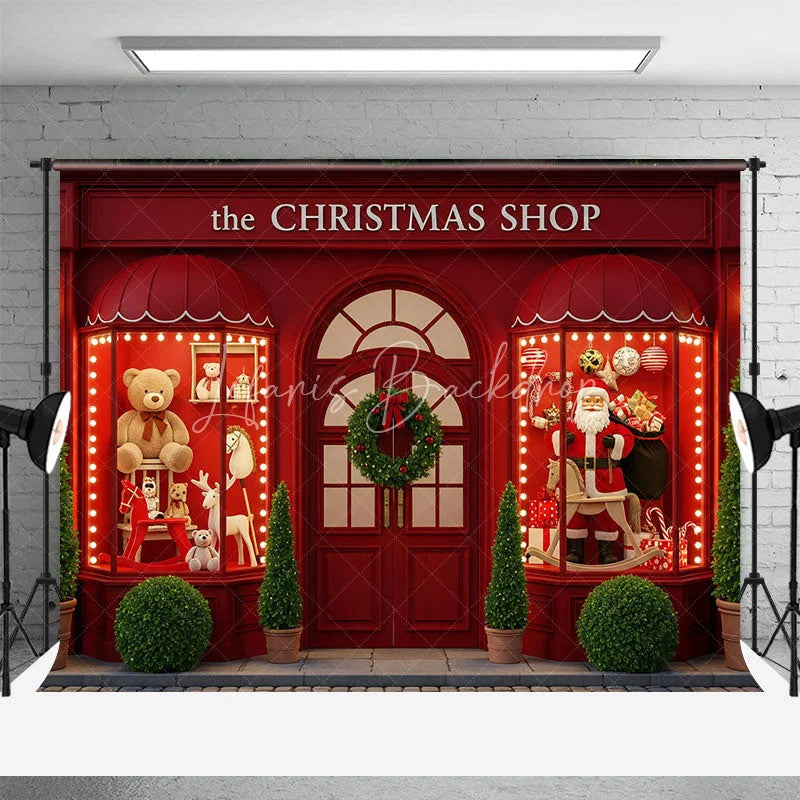 Lofaris The Christmas Shop Backdrop Red Storefront Window Display Santa and Teddy Bear Holiday Photography Props