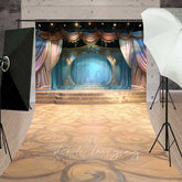 Lofaris Theater Stage Sweep Photography Backdrop with Floor Elegant Blue and Gold Curtains Magical Performance Photo Prop