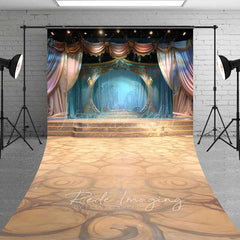 Lofaris Theater Stage Sweep Photography Backdrop with Floor Elegant Blue and Gold Curtains Magical Performance Photo Prop