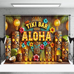 Lofaris Tiki Bar Aloha Tropical Holiday Backdrop Summer Beach Party Decor with Glowing Lanterns and Wooden Totems
