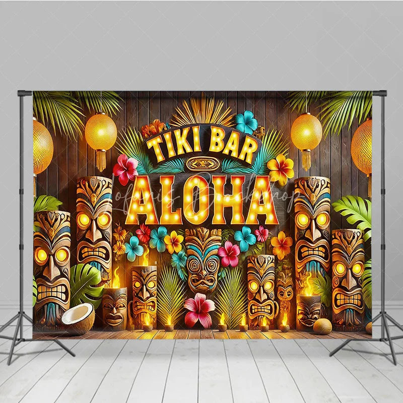 Lofaris Tiki Bar Aloha Tropical Holiday Backdrop Summer Beach Party Decor with Glowing Lanterns and Wooden Totems