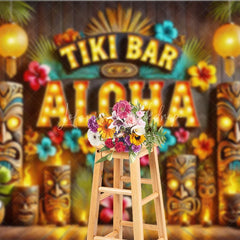Lofaris Tiki Bar Aloha Tropical Holiday Backdrop Summer Beach Party Decor with Glowing Lanterns and Wooden Totems