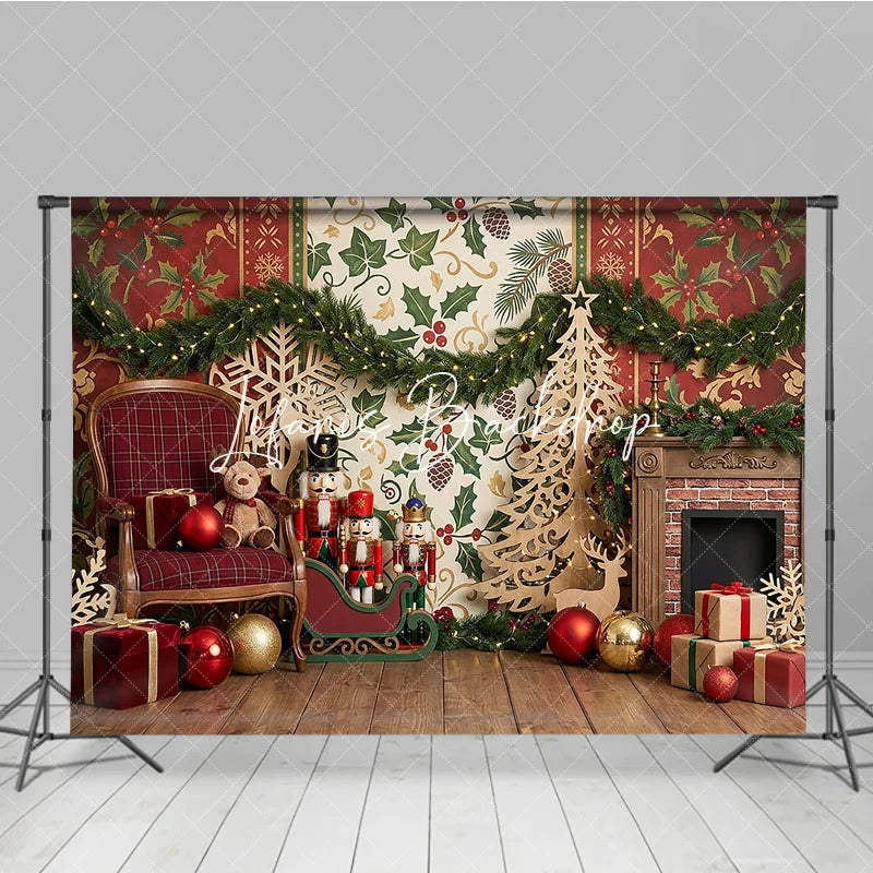 Lofaris Traditional Christmas Fireplace Nutcracker Photography Backdrop with Festive Gifts and Holiday Garland Decor