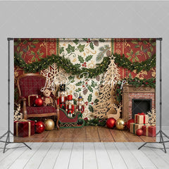 Lofaris Traditional Christmas Fireplace Nutcracker Photography Backdrop with Festive Gifts and Holiday Garland Decor