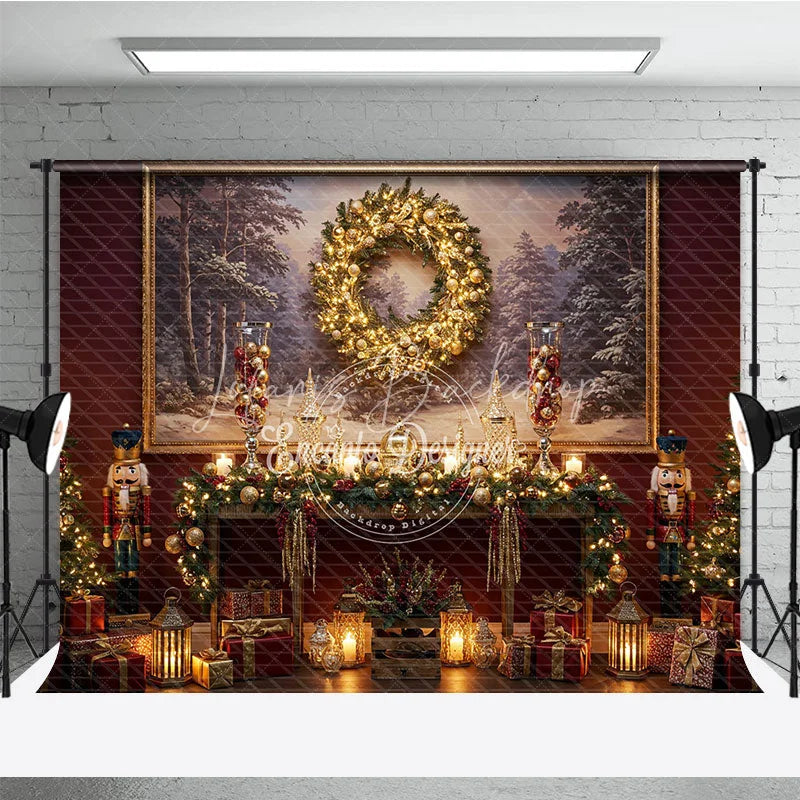 Lofaris Traditional Christmas Photography Backdrop Red Wall with Nutcrackers and Wreath Holiday Mini Session Background