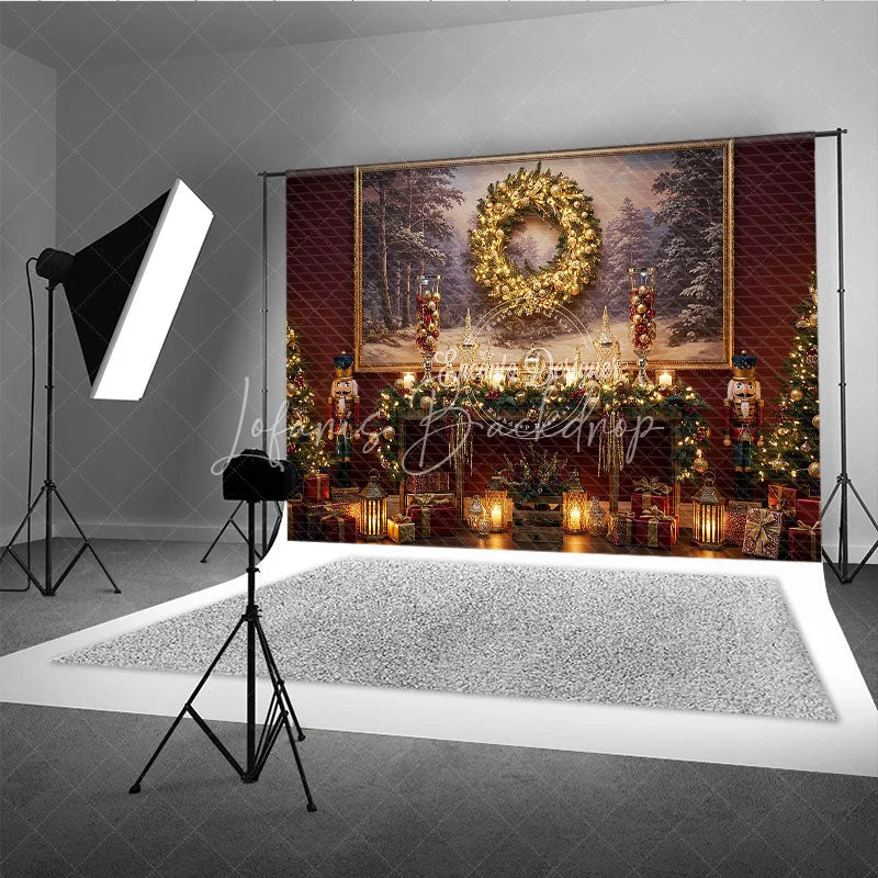Lofaris Traditional Christmas Photography Backdrop Red Wall with Nutcrackers and Wreath Holiday Mini Session Background