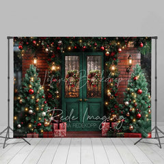 Lofaris Traditional Christmas Porch Backdrop Green Double Door Red Brick Wall Wreath Lights Photo Background