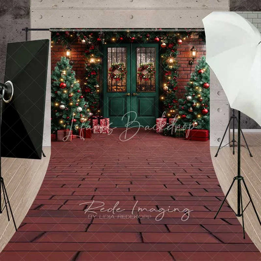 Lofaris Traditional Christmas Porch Sweep Backdrop Green Double Door Red Brick Wall Trees Floor Photo Background
