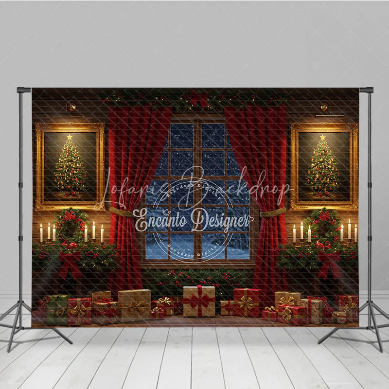 Lofaris Traditional Christmas Window Photography Backdrop Red Curtains and Snowy View Cozy Holiday Room Scene with Presents