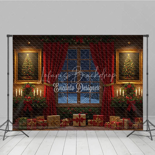 Lofaris Traditional Christmas Window Photography Backdrop Red Curtains and Snowy View Cozy Holiday Room Scene with Presents