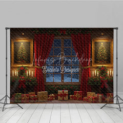 Lofaris Traditional Christmas Window Photography Backdrop Red Curtains and Snowy View Cozy Holiday Room Scene with Presents