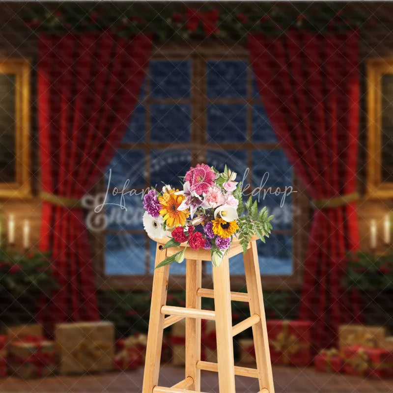 Lofaris Traditional Christmas Window Photography Backdrop Red Curtains and Snowy View Cozy Holiday Room Scene with Presents