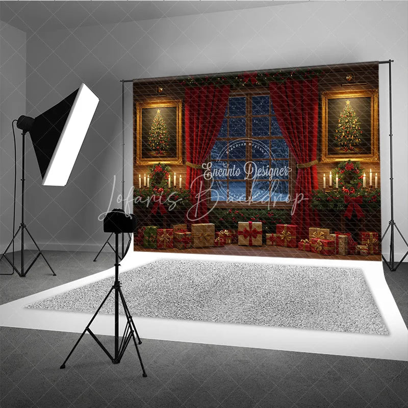 Lofaris Traditional Christmas Window Photography Backdrop Red Curtains and Snowy View Cozy Holiday Room Scene with Presents