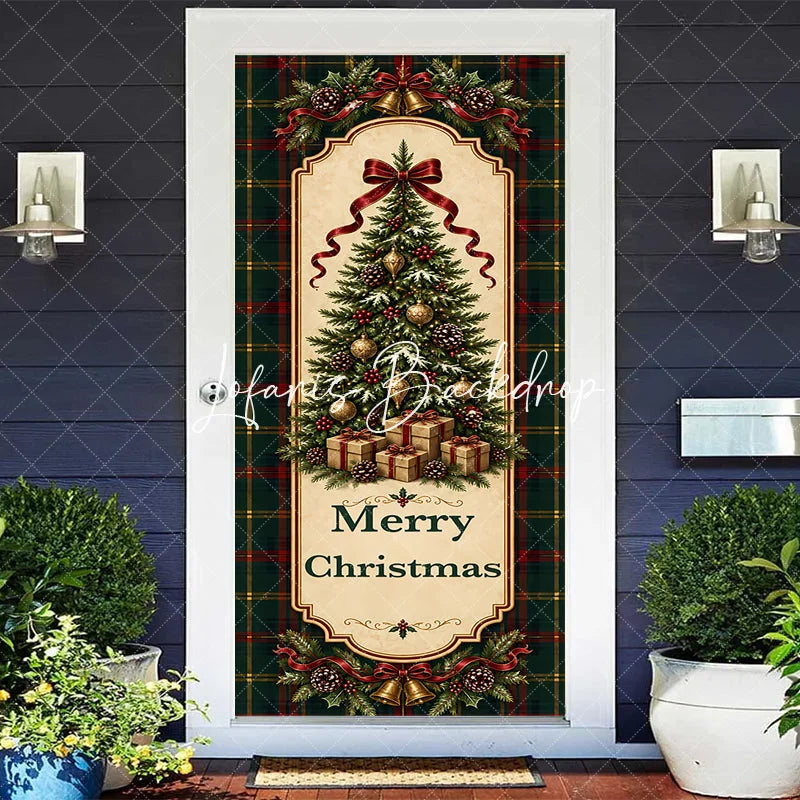 Lofaris Traditional Green Red Plaid Christmas Tree Door Cover with Golden Bells and Ribbons Merry Holiday Decor