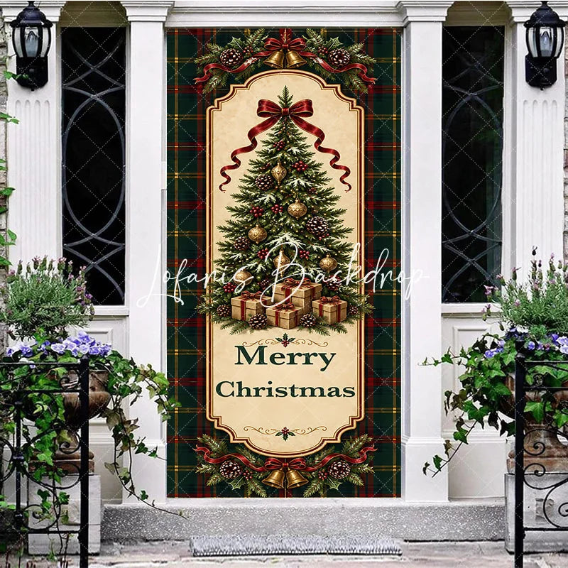 Lofaris Traditional Green Red Plaid Christmas Tree Door Cover with Golden Bells and Ribbons Merry Holiday Decor