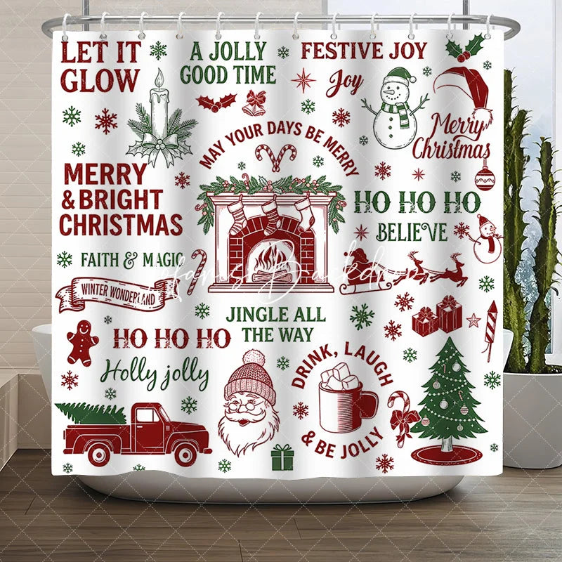 Lofaris Traditional Red and Green Christmas Shower Curtain featuring Santa Snowman Festive Holiday Elements
