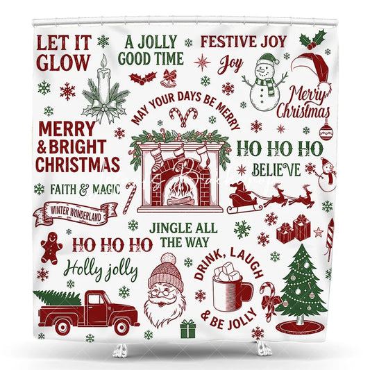 Lofaris Traditional Red and Green Christmas Shower Curtain featuring Santa Snowman Festive Holiday Elements