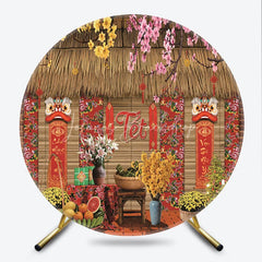 Lofaris Traditional Vietnamese Tet Holiday Round Backdrop Lunar New Year Lion Dance and Blossom Party Decoration