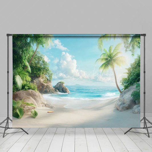 Lofaris Tranquil Beach Scene Palm Trees Blue Sea Backdrop