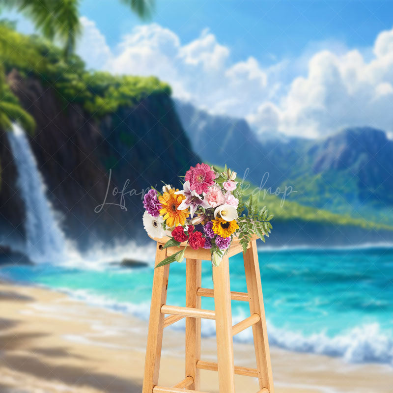 Lofaris Tranquil Beach Scene Waterfall Mountain Backdrop