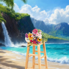 Lofaris Tranquil Beach Scene Waterfall Mountain Backdrop