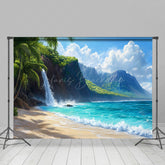 Lofaris Tranquil Beach Scene Waterfall Mountain Backdrop