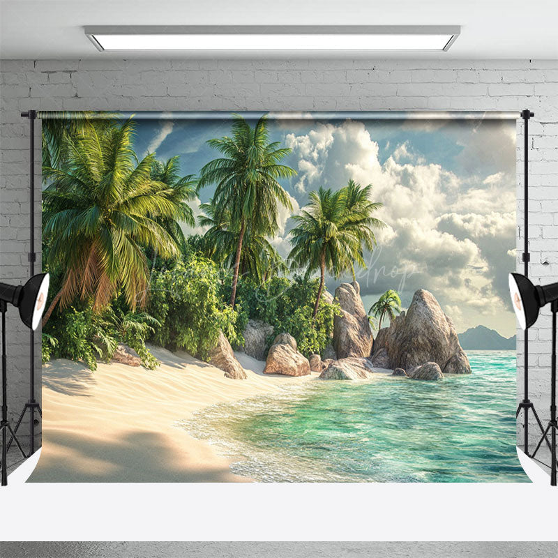 Lofaris Tranquil Tropical Island Beach Scene Rocks Backdrop